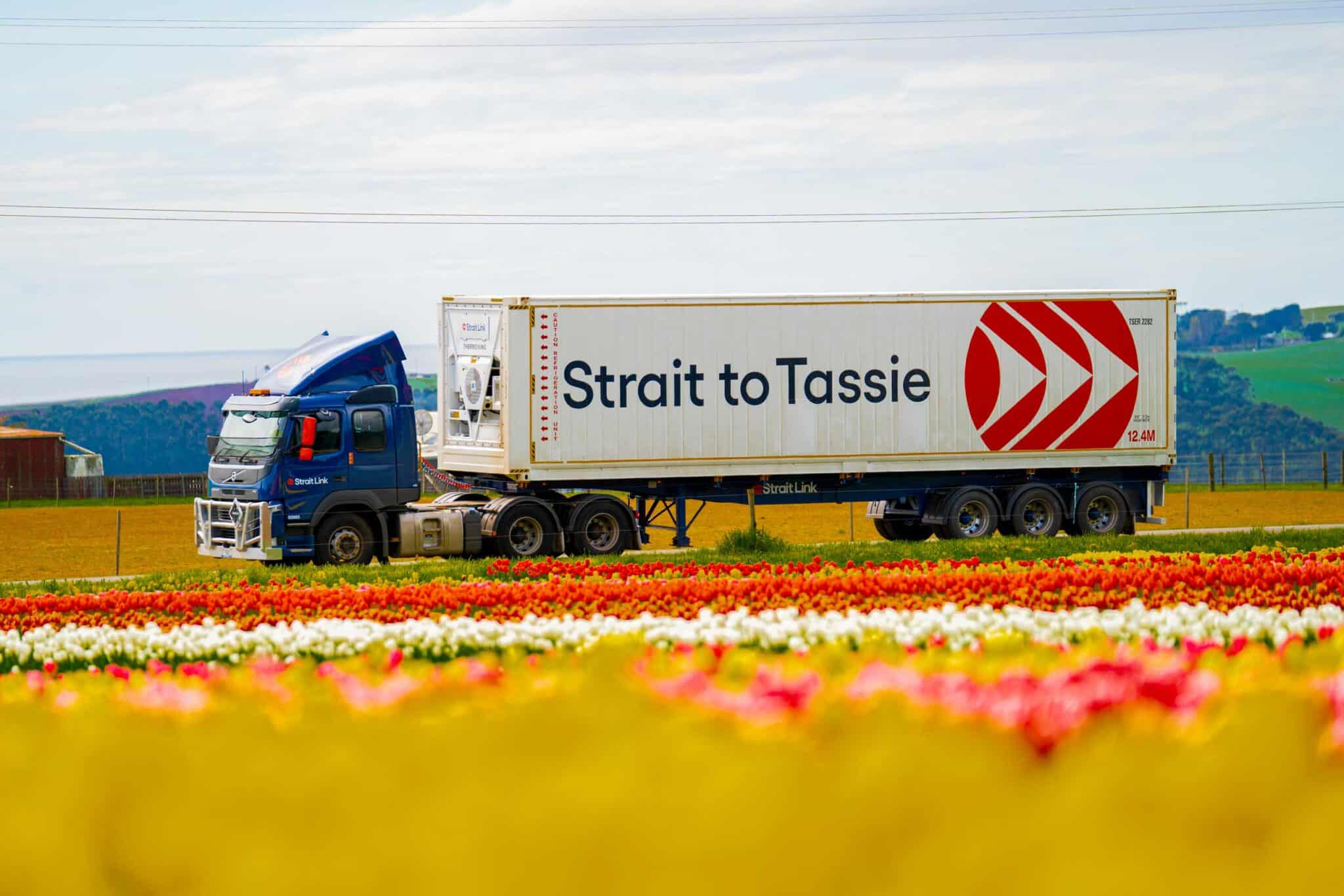 a truck driving past a field of tulips